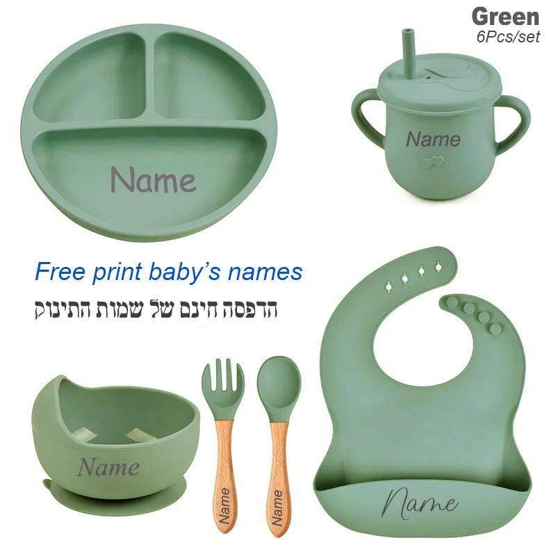 6PCS Silicone Feeding Set For Baby Personalized Name Logo Plate Bowl Customized Newborn Gift Silicone Straw Cup BPA Free