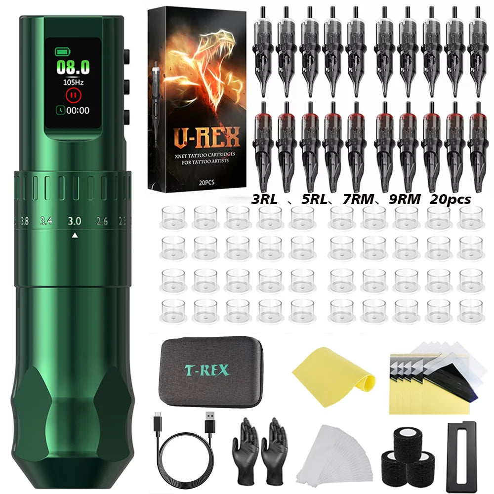 T-Rex D4 Wireless Tattoo Pen Complete Kit 2.0-4.2mm Adjustable Stroke Dot Work Mode 1600mAh Battery Full Tattoo Supplies Set