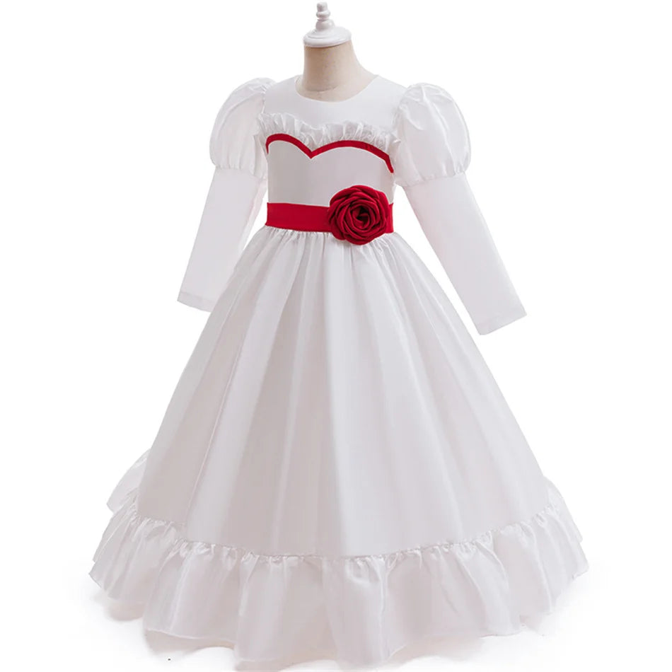 Horror Movie Annabelle Cosplay Costume Girl Long Sleeve Rose Dress For Kid Scary Ghost Role Play Halloween Carnival Party Outfit