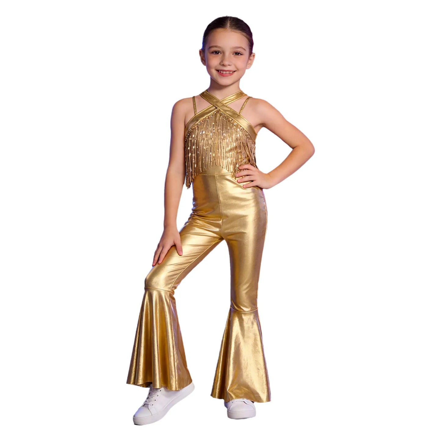 Kids Girls Hippie Halloween Costume Tassels Unitard Bell-bottom Long Pants Bodysuit Jumpsuit Disco Dance 60s 70s Rave Party Wear