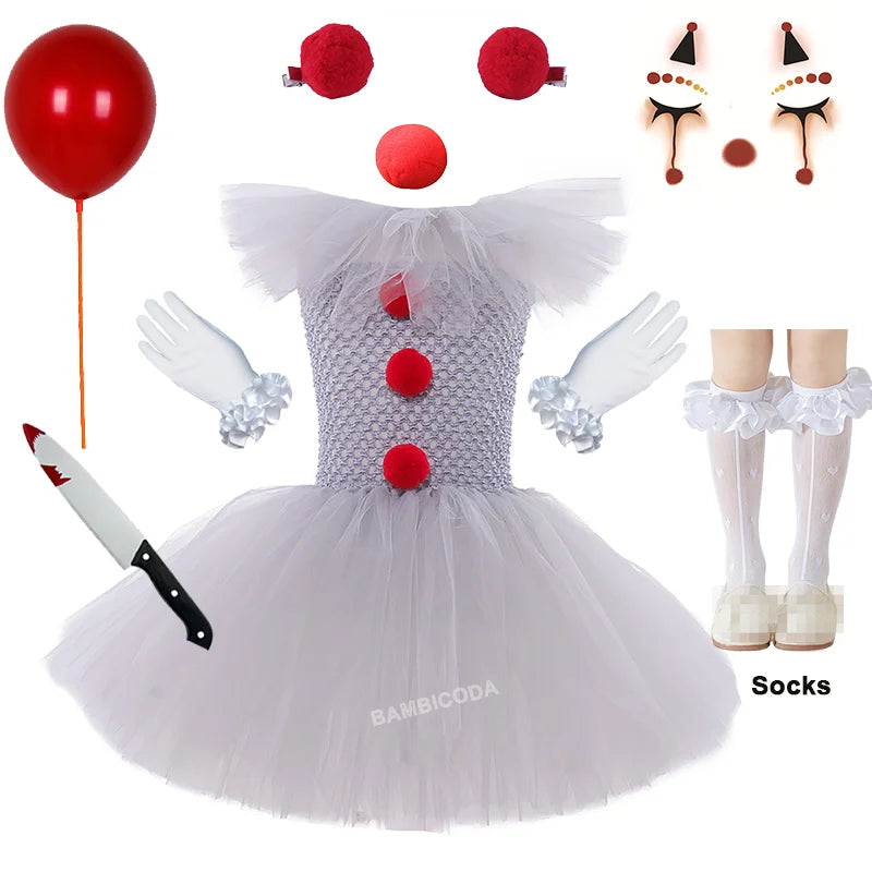 Halloween Pennywise Costume Creepy Clown Gray Tutu Dress Outfit Girls Fancy Carnival Party Tulle Dresses Joker Clothes
