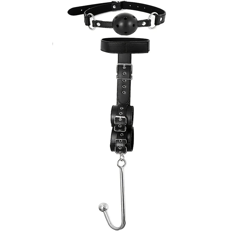 BDSM Bondage Kit Anal Hook, Neck to Wrist Behind Back Handcuffs Collar with Anal Trainer & Ball Gag, Bed Restraints SM Games Too
