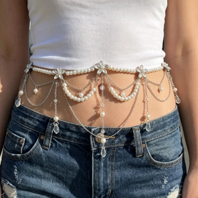 Fashionable Multi-Layer Pearl Tassel Waist Chain for Women Elegant Floral Body Chain Summer Holiday Accessory Gentle Style