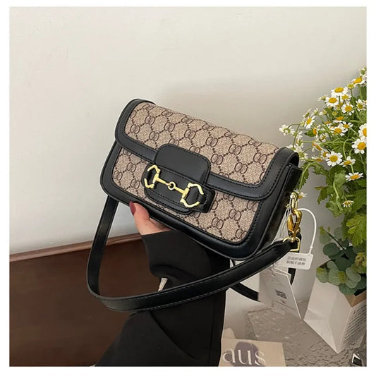 2026 Women's Horsebit Bag Two Colors Vintage Print Small Crossbody Shoulder Bag for Daily - Black Brown PU Leather Crossbody Bag
