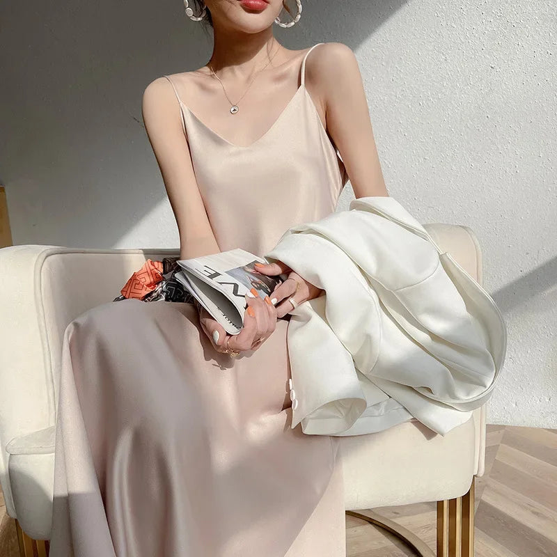 Silk V-neck Slim-fit Satin Dress Sexy Strap Long Gown for Women New 2025 Spring Summer Inner Wear Dress Elegant Lady Dress