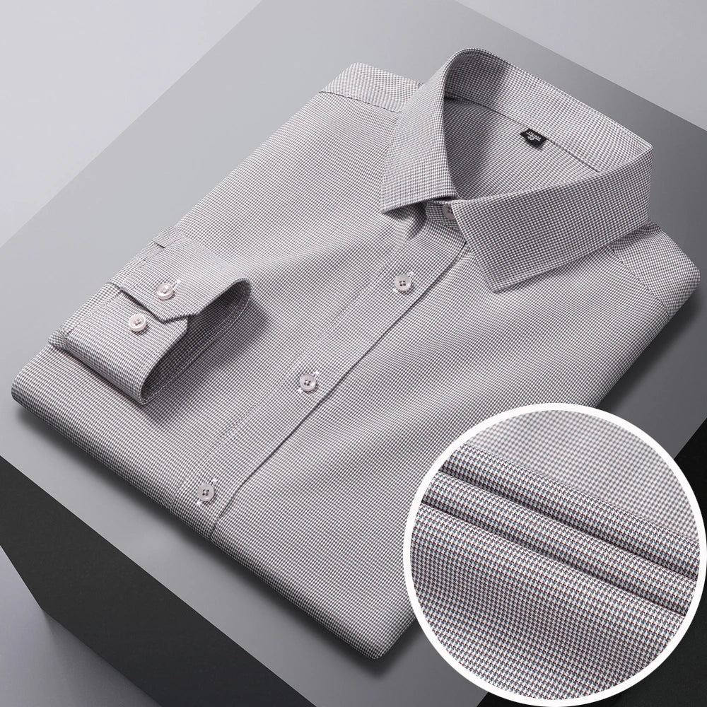 Men's Houndstooth Non-Iron Long Sleeve Button-Up Cotton Shirt, No Pocket Skin-Friendly Casual Versatile for Various Occasions