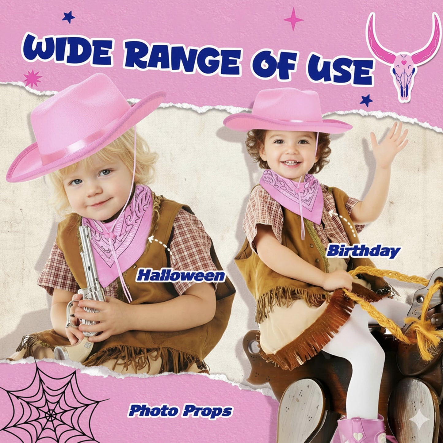 Kids Cowgirl Costume Western Hat Bandana Set Halloween Cosplay Outfits Role Play Accessories