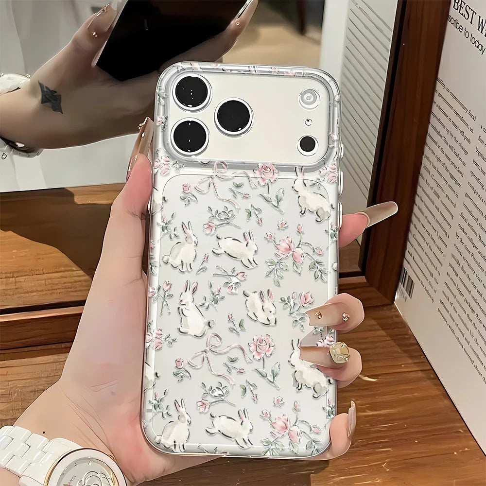 Cute Bunny Pink Floral Lichee Pattern Phone Case For IPhone 17 Air 16 15 Plus 14 Pro Max 11 12 13 Cute Shockproof Bumper Cover