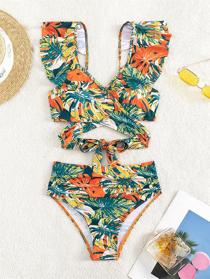 Cikini Summer Swimsuit For Women Tropical Print Ruffle Trim Summer Beach Bikini Set Summer Beach Swimwear Bathing Suit