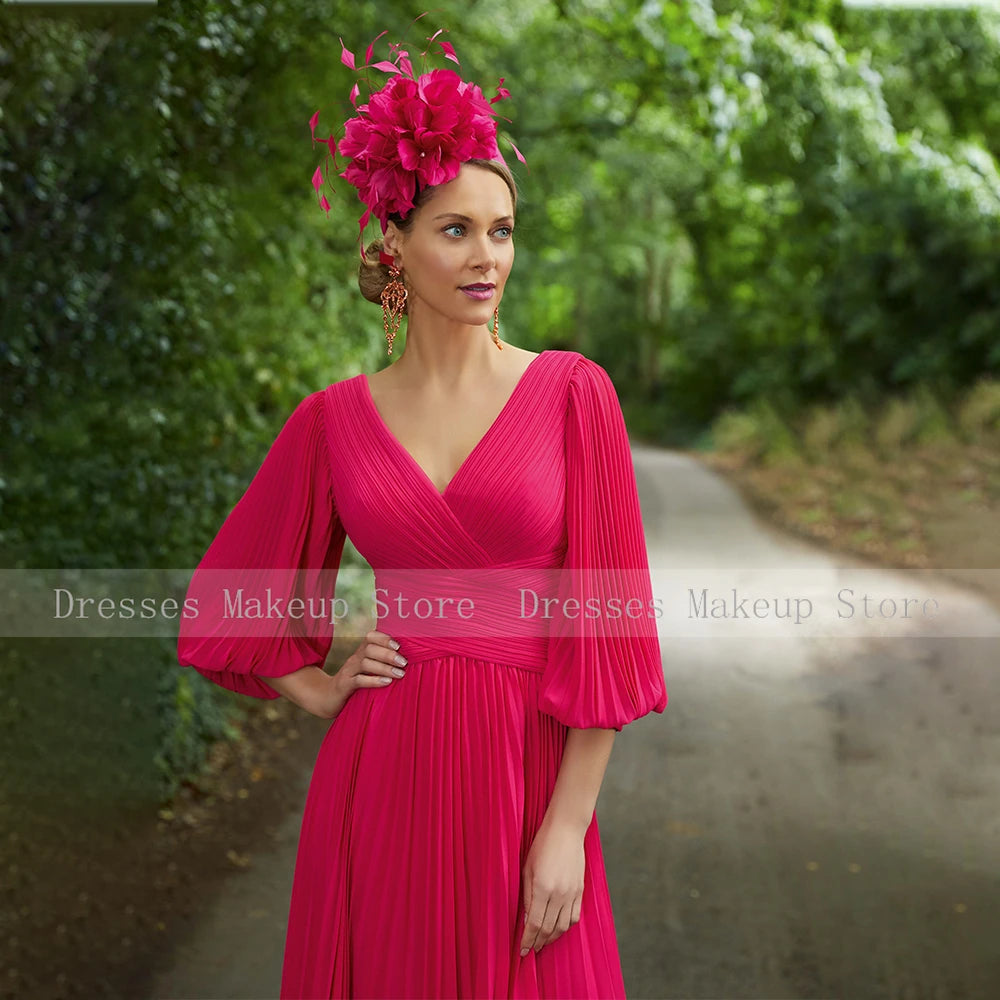 Pink Chiffon Wedding Guest Dress for Women 2023 A Line Mother of the Bride Gown  Weddings V Neck Puff Sleeves Midi Party