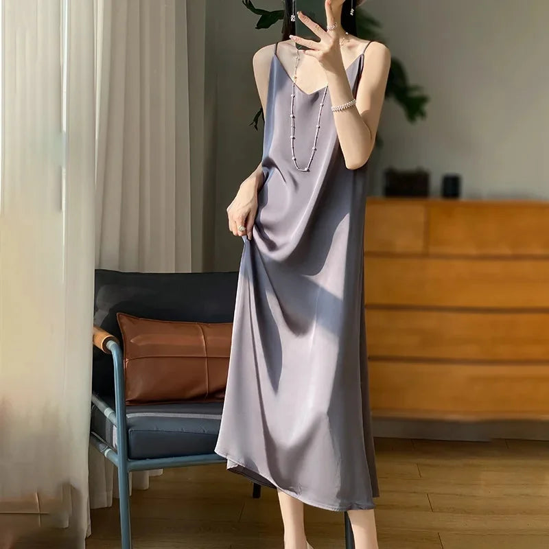 Silk V-neck Slim-fit Satin Dress Sexy Strap Long Gown for Women New 2025 Spring Summer Inner Wear Dress Elegant Lady Dress