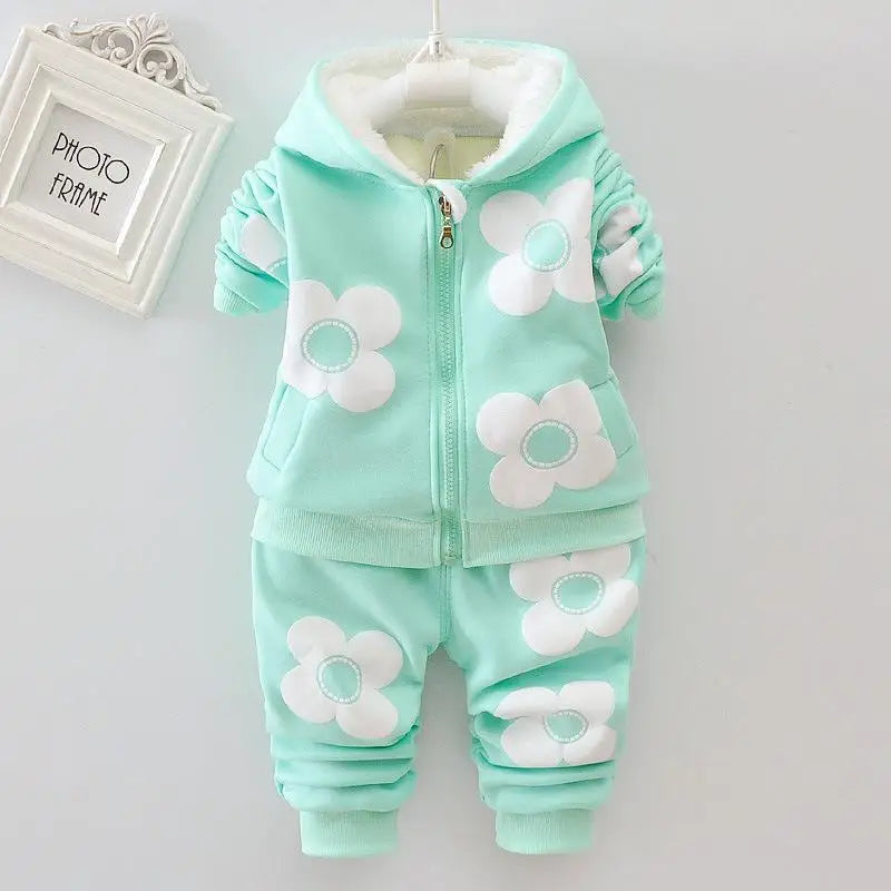 Baby Girls Flower Cartoon Thickk Woolen Autumn Winter Hoodied Jacket Coat Pants Clothing Set Children Kids Warm Clothes Suits