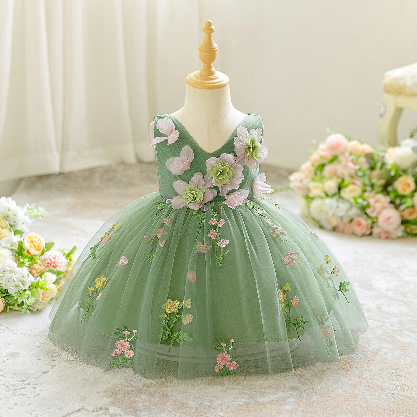 Summer Flower Party Baby Girls Dress Toddler Tulle 1st Birthday Princess Bridesmaid Wedding Dress Girl Baptism Evening Prom Gown