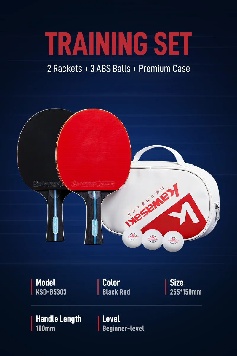 Kawasaki Table Tennis Set 2 Rackets 3 Balls with Case, ITTF Certified 7-Ply Blade for Beginners Training Ping Pong Paddle