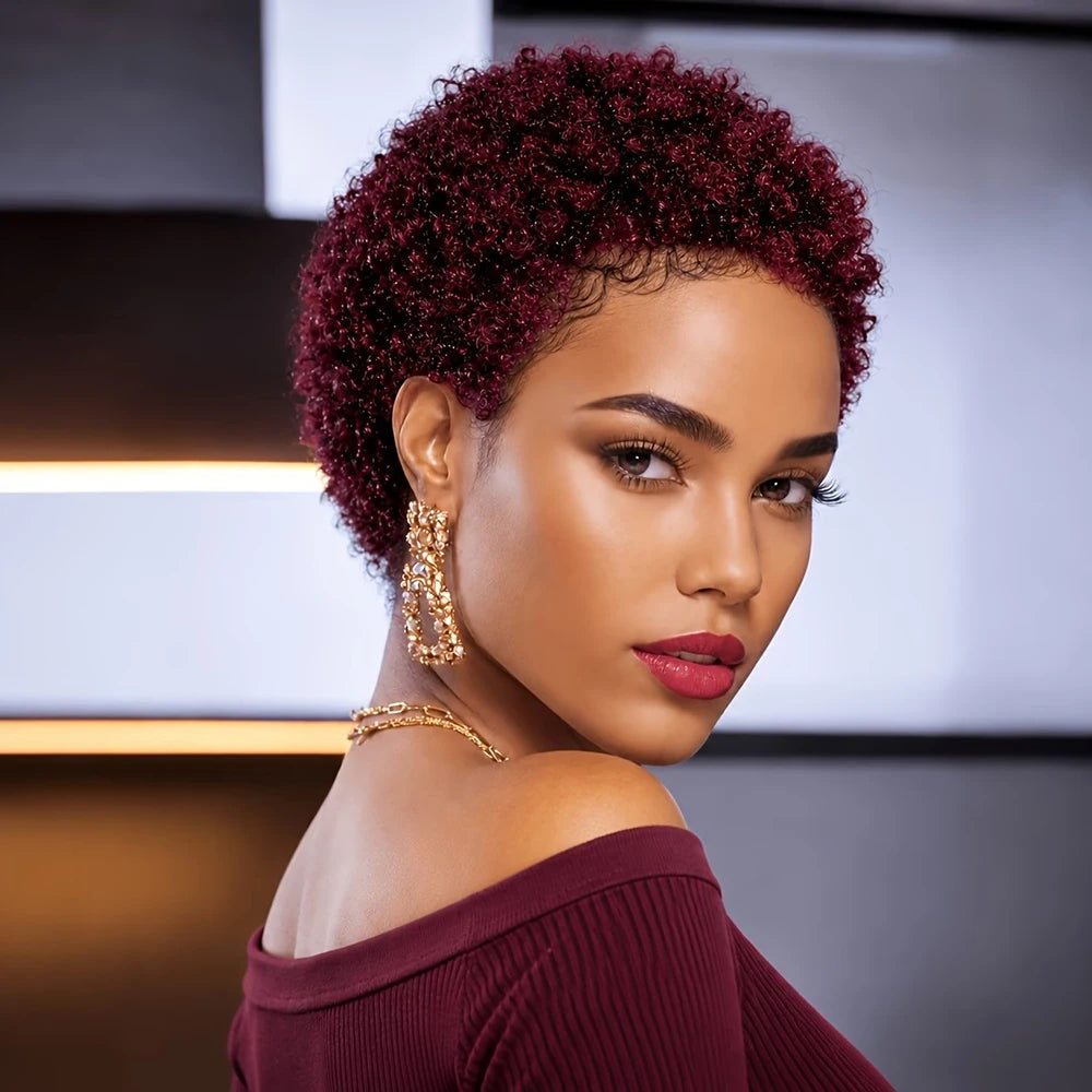 Short Kinky Curly Wigs Pixie Cut Wigs Human Hair for Women Bazilian Hair Machine Made Cap Natural Black/Brown/Burgundy Color Wig