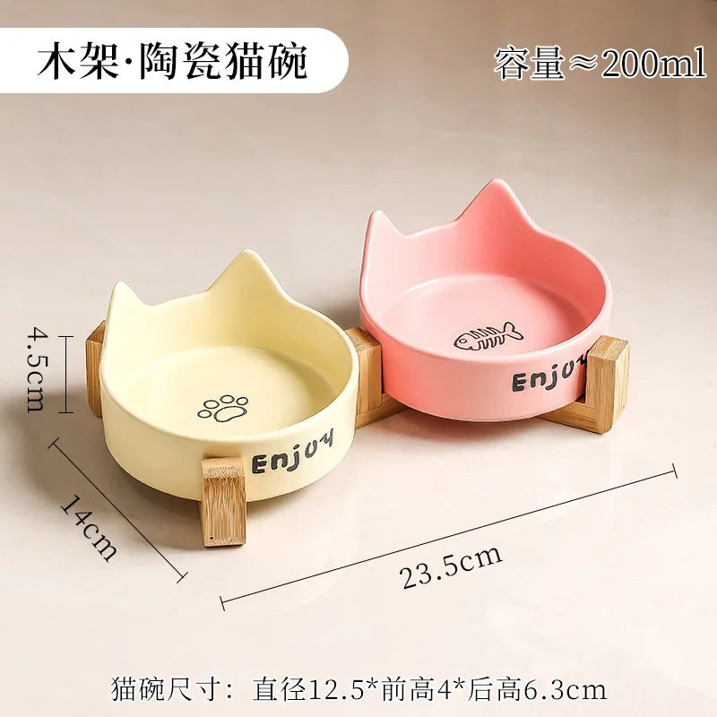 Ceramic Double Bowl Pet Cat Bowl Anti-Slip Heightened Bamboo Table Feeding Bowl Pet Supplies Water Feeders Small Dogs Supplies