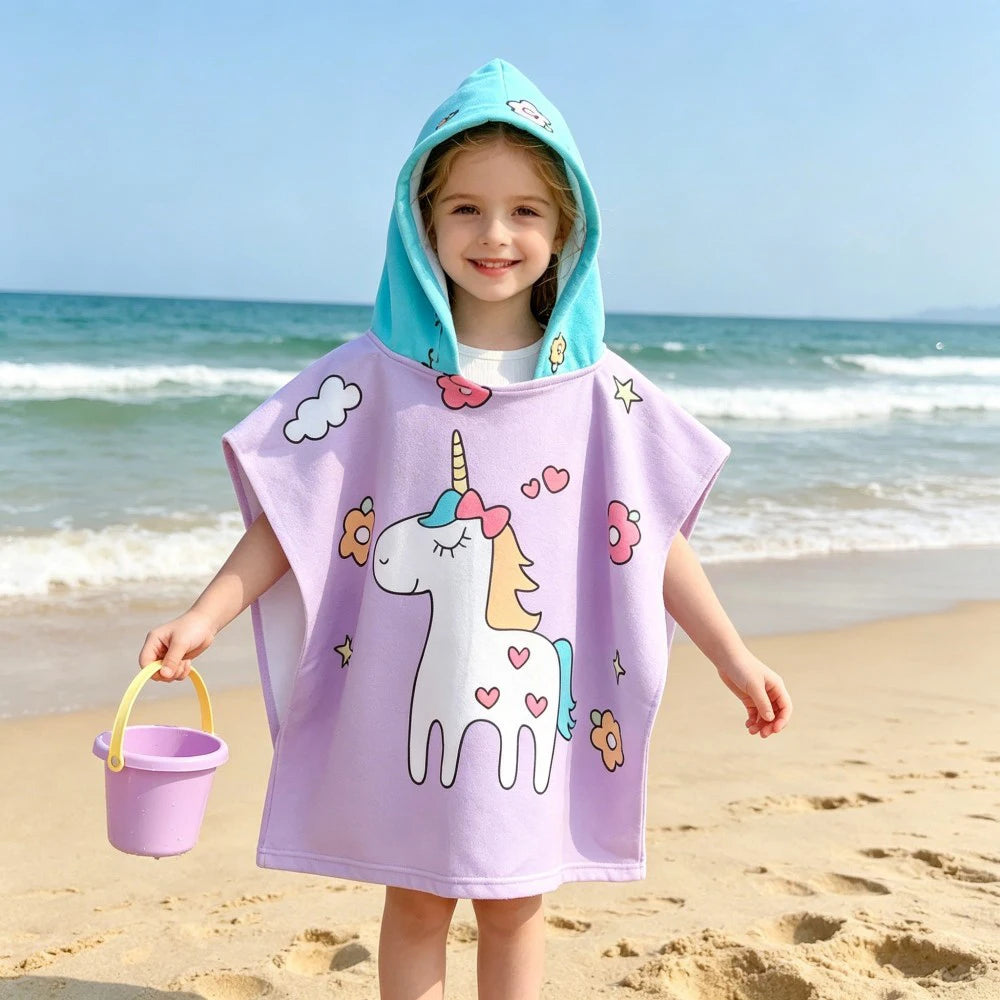 Children Bathing Stuff Kids Hooded Cape Towel Boy Cartoon Bathrobe Baby Swimming Towel Girls Unicorn Beach Towel Wrap Blanket