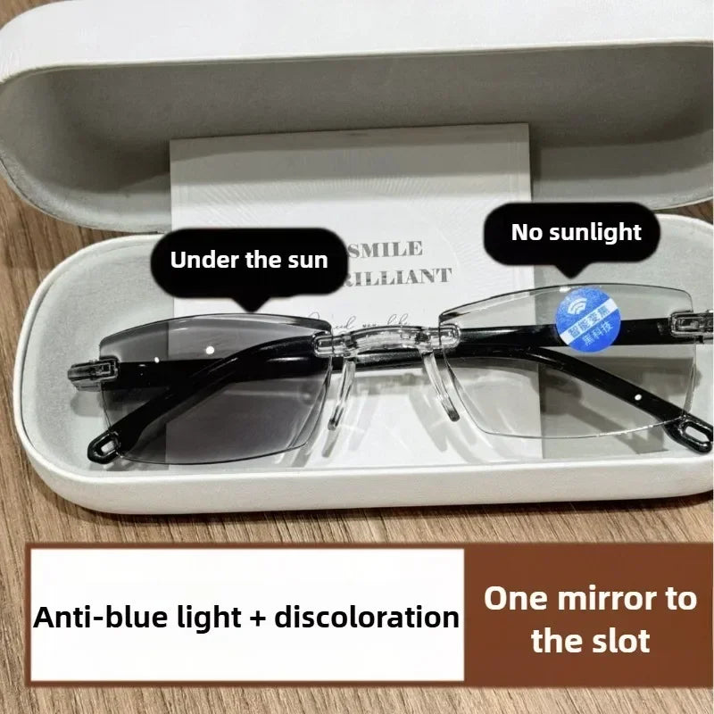 Anti Blue Light Reading Glasses HD Photochromic Lightweight Rimless Presbyopic Glasses For Men Women Seniors Business Style New