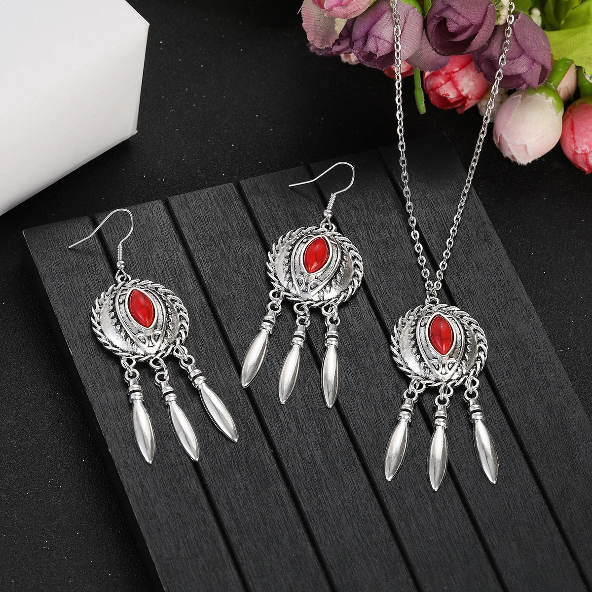 2023 Indian Jewelry Set Ethnic Silver Plated Geometric Carved Tassel Earring Necklace Women's Blue Turquoises Chain Jewelry