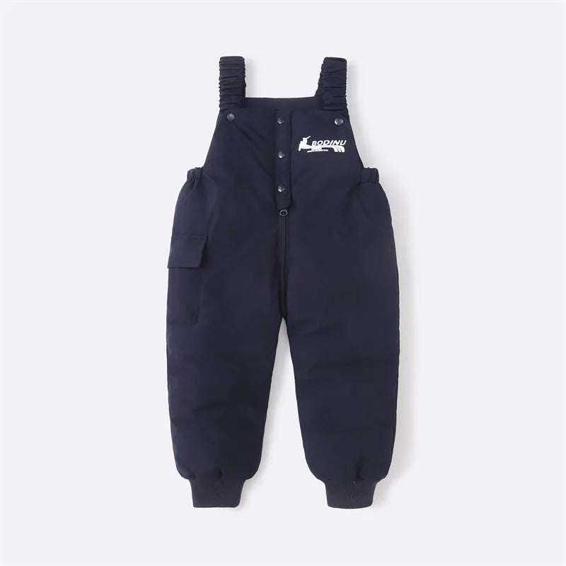 2025 Autumn Winter Baby Boys Overalls Solid Color Lining Plush Keep Warm Jumpsuit For 1-4Y Toddlers Kids Down Cotton Trousers