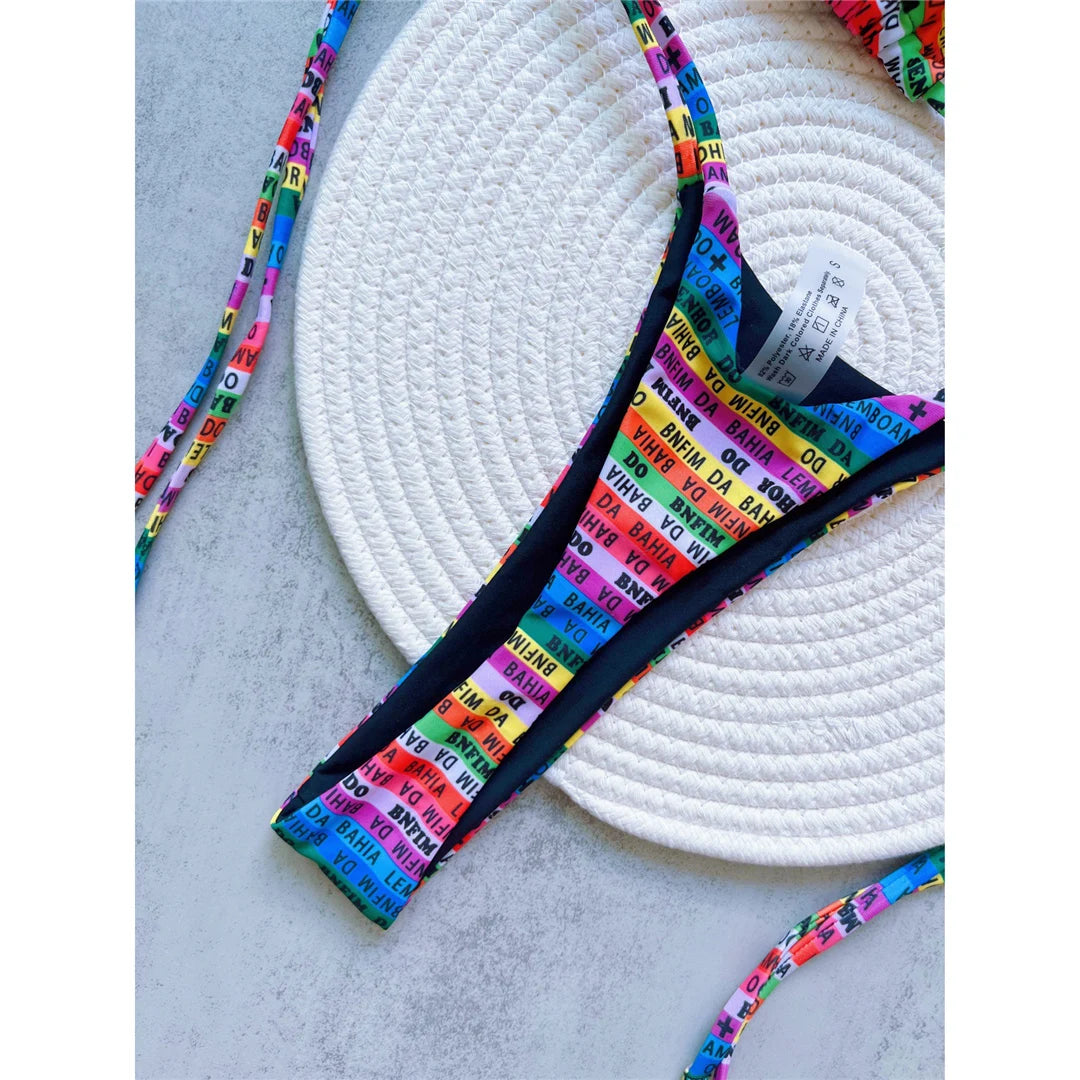 Letters Printed Colorful Mini Thong Bikini Women Swimwear Female Swimsuit Two-Pieces Bikini Set Bather Bathing Suit Swim V6041
