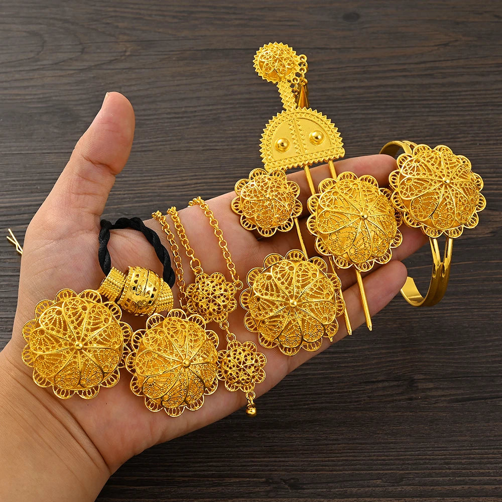 Luxury Golden Plated Bridal Jewelry Sets for Women Ethiopian Pendant Hairpin Necklace Earrings Bangle Ring Wedding Gift
