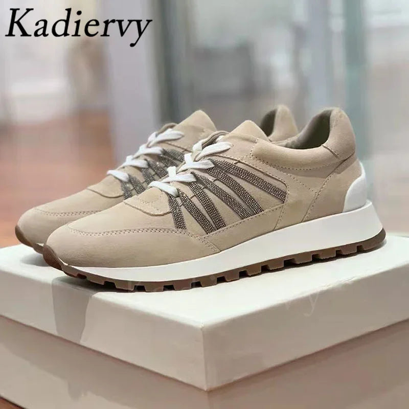New Casual Shoes Women Suede Patchwork Round Toe Lace Up Genuine Leather Comfy Outdoor Walking Shoes Woman Sneakers Female