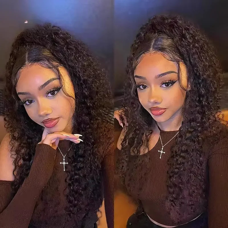 Deep Wave 3 In 1 Half Wig 100% Human Hair Glueless Curly Wigs Ready to Wear Seamless Flip Over Half Wig With Drawstring Clip Ins