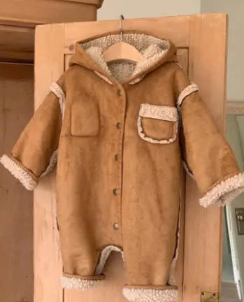 Korean Baby Winter Romper Vintage Thick Sherpa-Lined Hooded Jumpsuit Boys Girls Warm Infant Crawling Suit