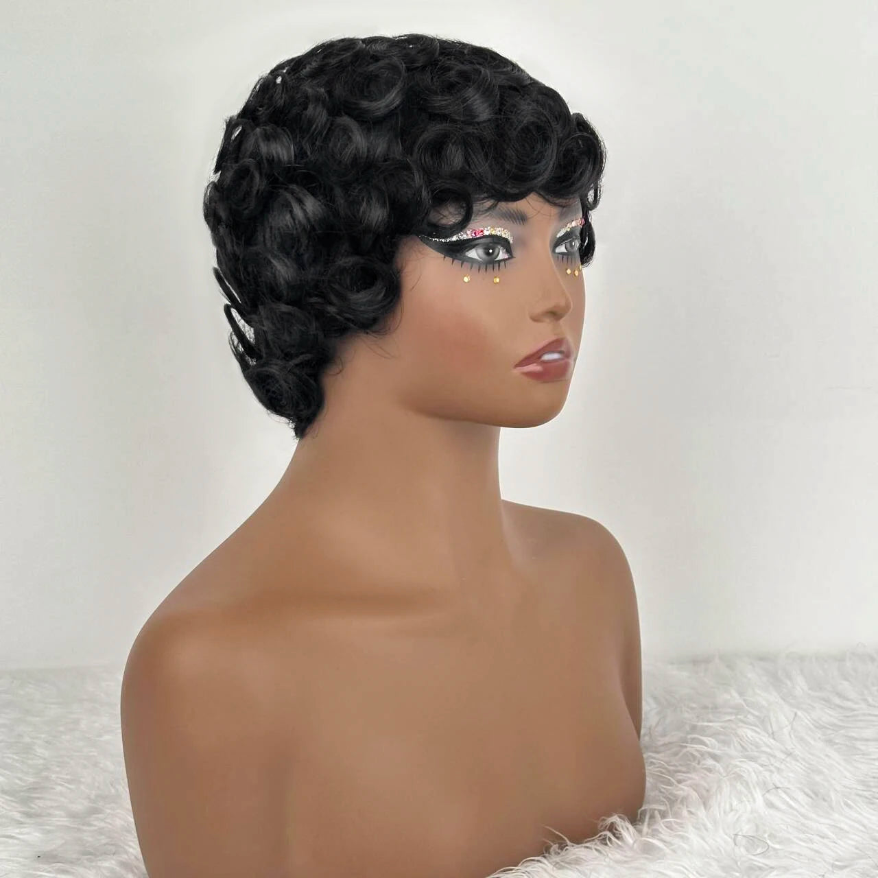 Short Layered Pixie Curly Wigs Human Hair Chic Pixie Cut Human Hair Wig With Bangs Black Color Full Machine Made For Women
