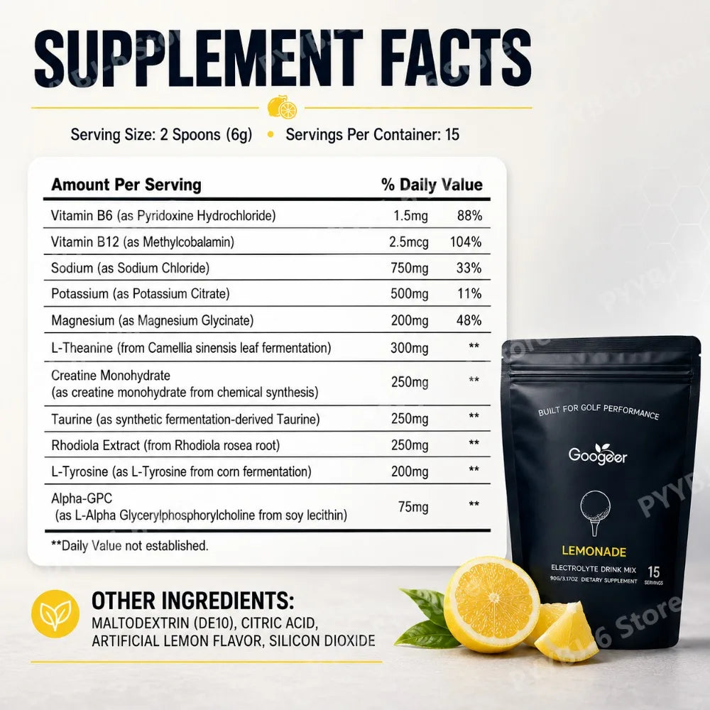 Lemonade Electrolyte Powder Hydration Supplement with Magnesium Potassium Sodium Vitamin B6 B12 Focus Support 15 Servings