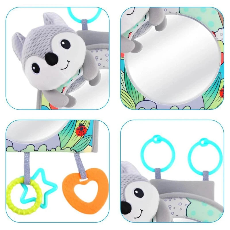 Baby Car Mirror Back Seat Rear View Mirror Cartoon Animal Plush Toys For Baby Rear Facing 6 12 Months Infant Travel Sensory Toys