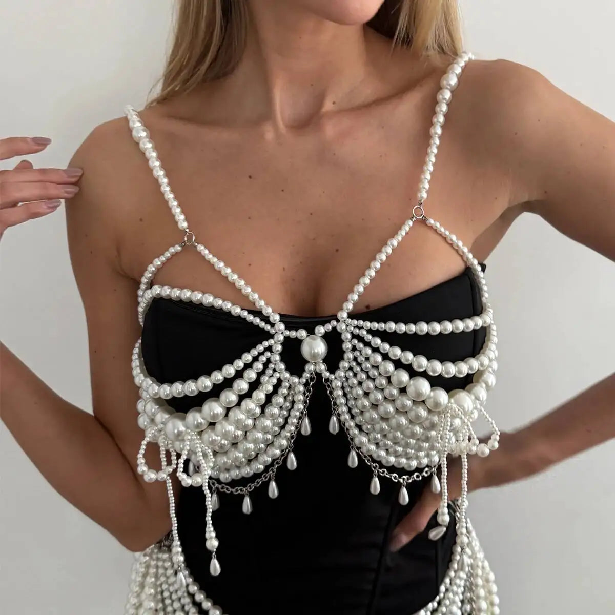 SHIXIN Elegant Multi-layer Imitation Pearl Body Chain for Women Luxury Strap Bralette Chest Chain Waist Chains Wedding Jewelry