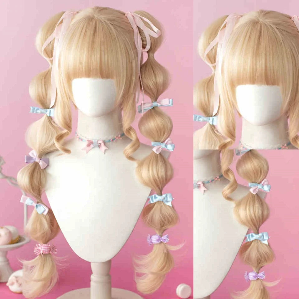 Synthetic Long Curly Wavy Lolita Wig with Bangs Wig Girl Cute Ombre Pink Blonde Black Cosplay Party Halloween Harajuku Wig