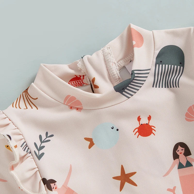 MISOWMNJOY Cute Baby Girls Long Sleeve Swimsuit Beachwear Ocean Elements Print Ruffle Toddler Infant Bathing Suit Swimwear