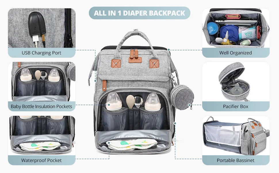 Mommy Diaper Bags Baby Bed Mother Large Capacity Nappy Milk Bottle Backpacks with Changing Mat Convenient Baby Nursing Bags