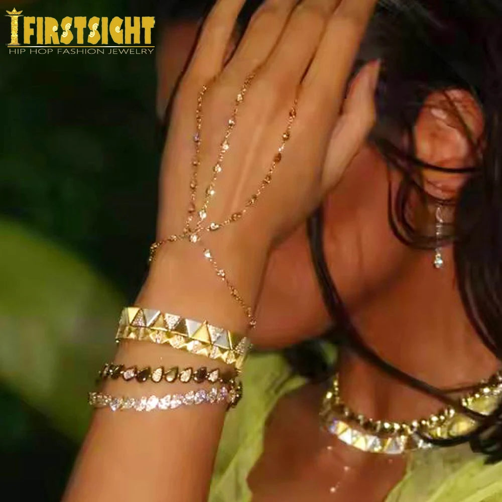New Iced Out Bling CZ Geometric Stretchy Stretch Double Tennis Chain Bracelet Adjusted Size Bangle For Women Fashion Jewelry