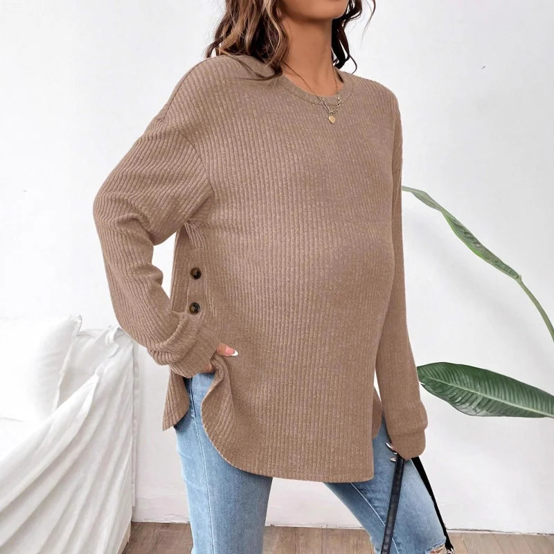 Pregnant Women's New Top For Autumn And Winter Casual Pullover Round Neck Long Sleeved Button Sweater