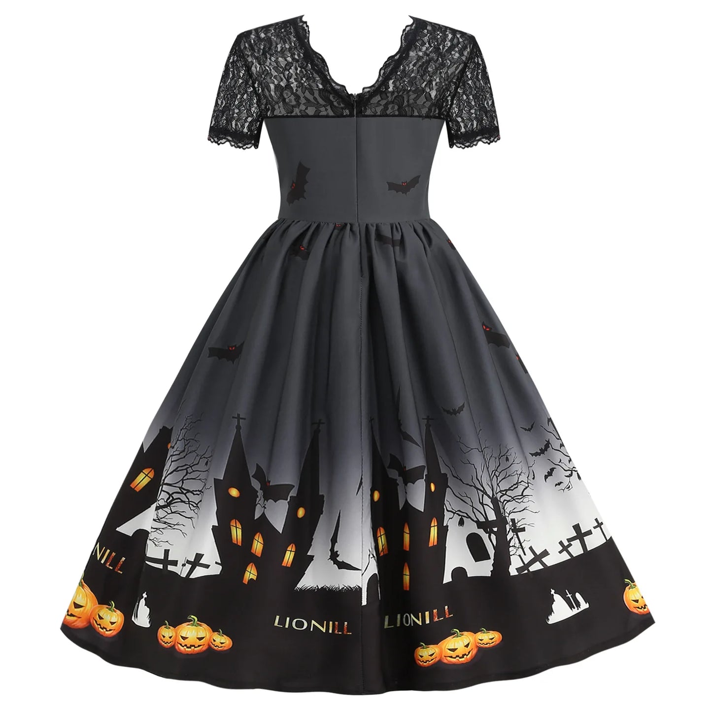 Halloween Gothic Dress Costume - Women's Retro Lace round Neck Short-Sleeved Printed Maxi Dress for Cosplay Party