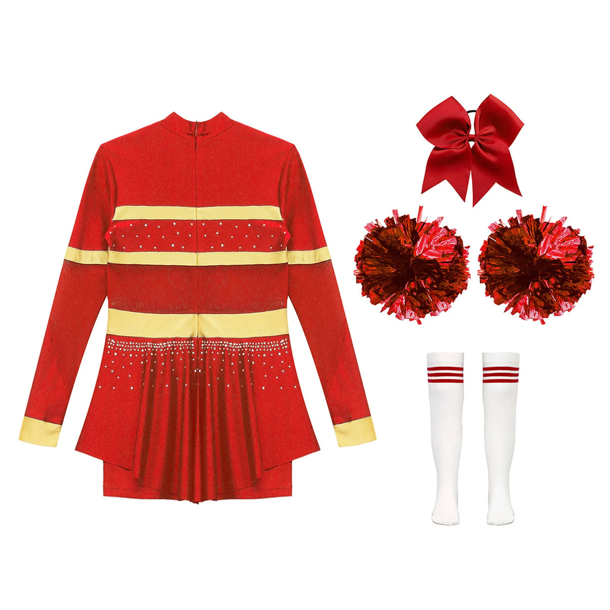 Girls Cheerleader Costume Long Sleeve Cheerleading Uniform Children Cheer Dance Dress Hand Flower Socks Stage Dancewear Sets