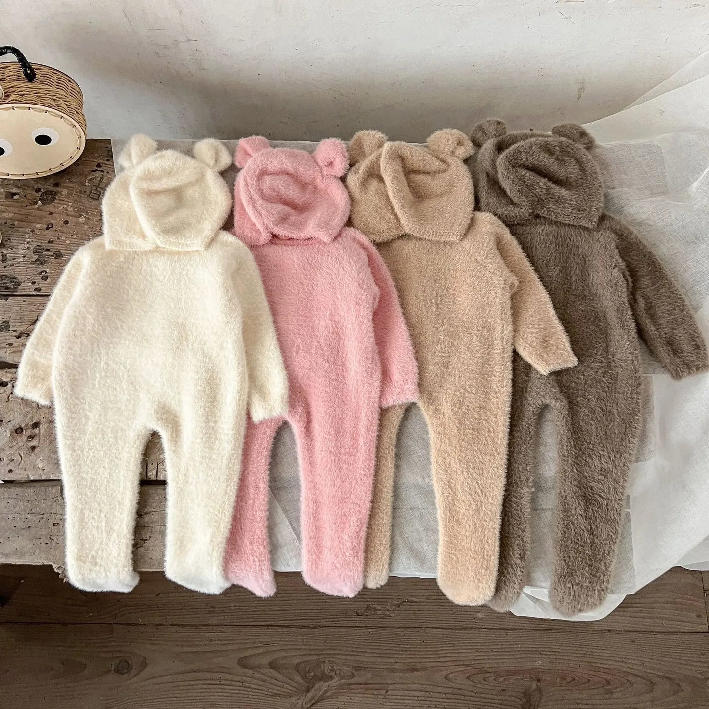 Newborn Baby Winter Jumpsuit Mink Cashmere Cute Bear Ear Hooded Onesie with Hat 0 - 3Y Baby Boys Girls Warm Footed Romper
