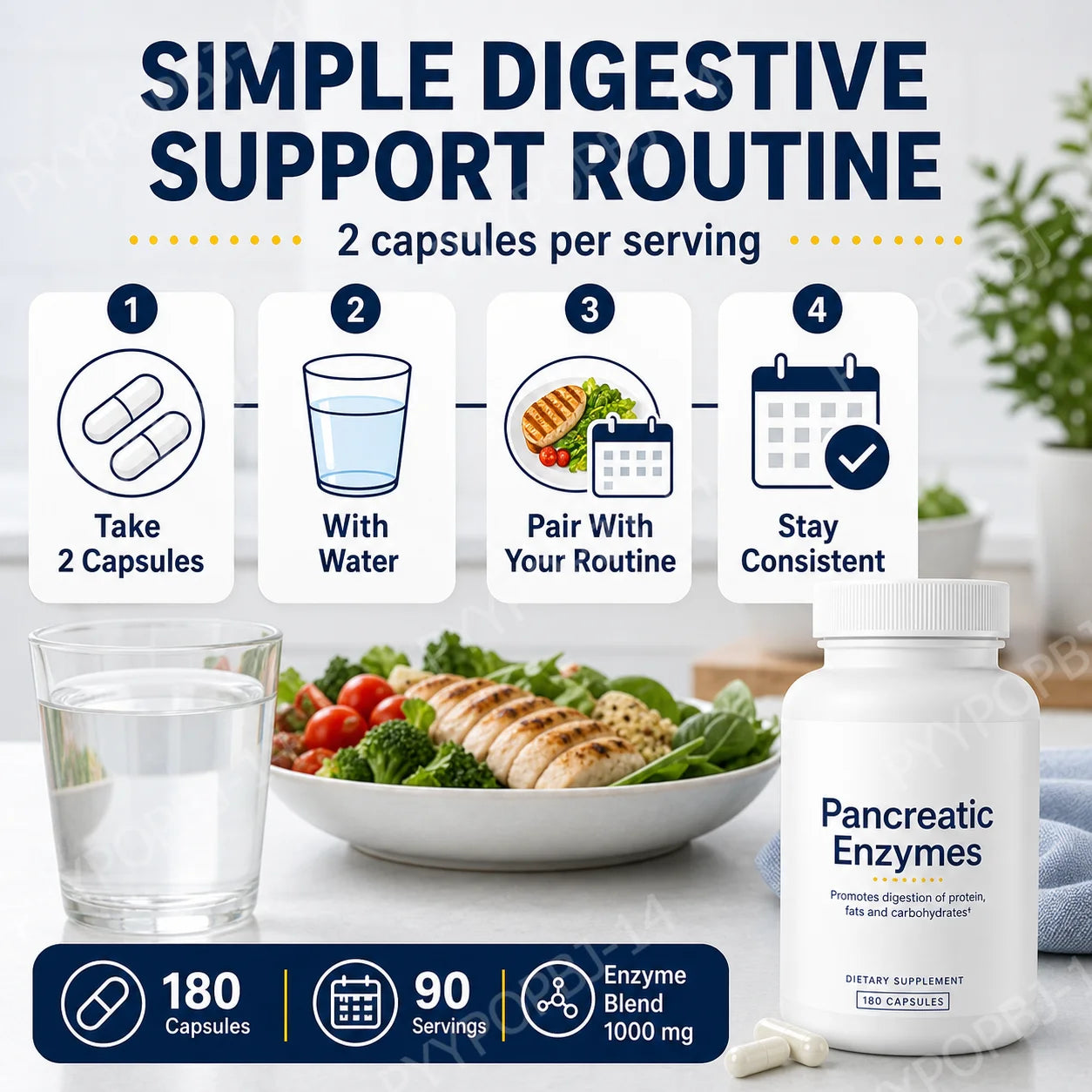 Digestive Enzyme Supplement 180 Capsules Pancreatic Enzyme Blend Protease Amylase Lipase Supports Protein Fat Carb Digestion