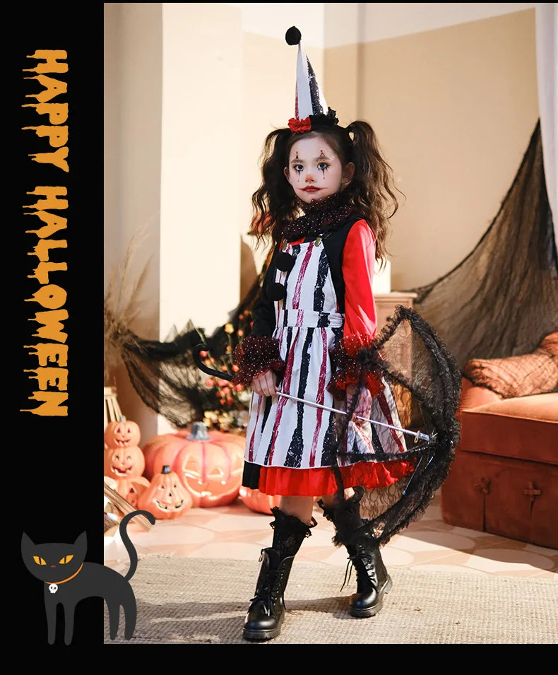 Halloween Cosplay Costumes Horror Clown Dresses Pants Headwear Clothes Sets Carnival Theme Party Role Playing Outfits for Girls