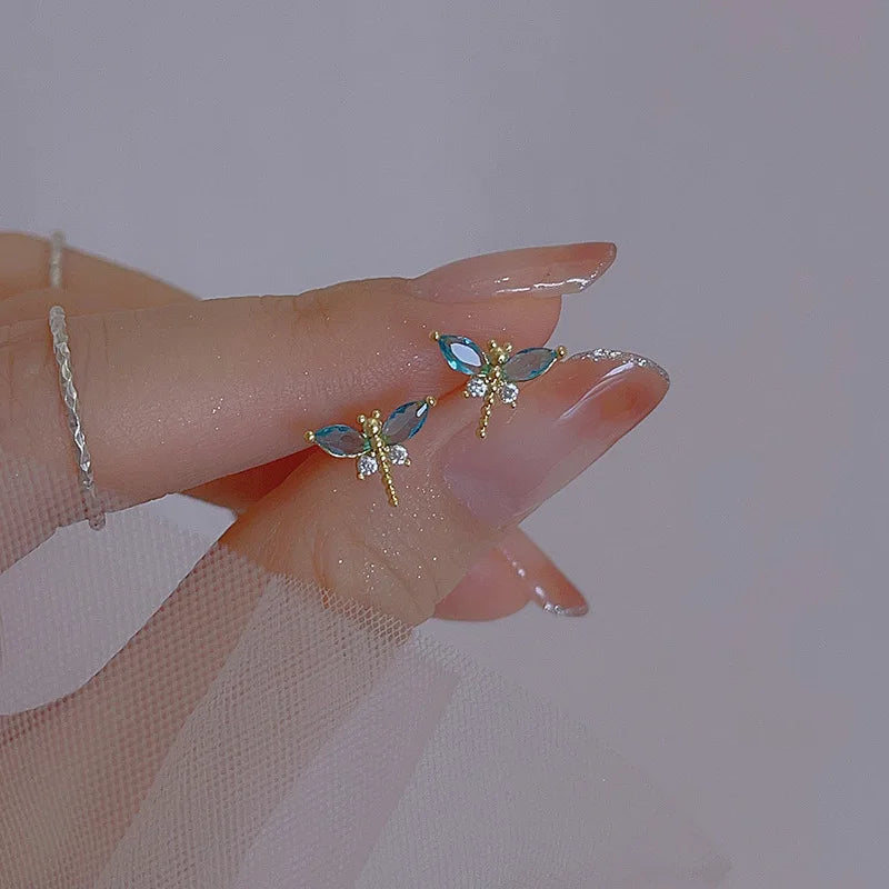 925 Sterling Silver Crystal Dragonfly Stud Earrings For Woman Christmas Gifts Piercing Jewelry Aretes De Mujer Party Gifts
