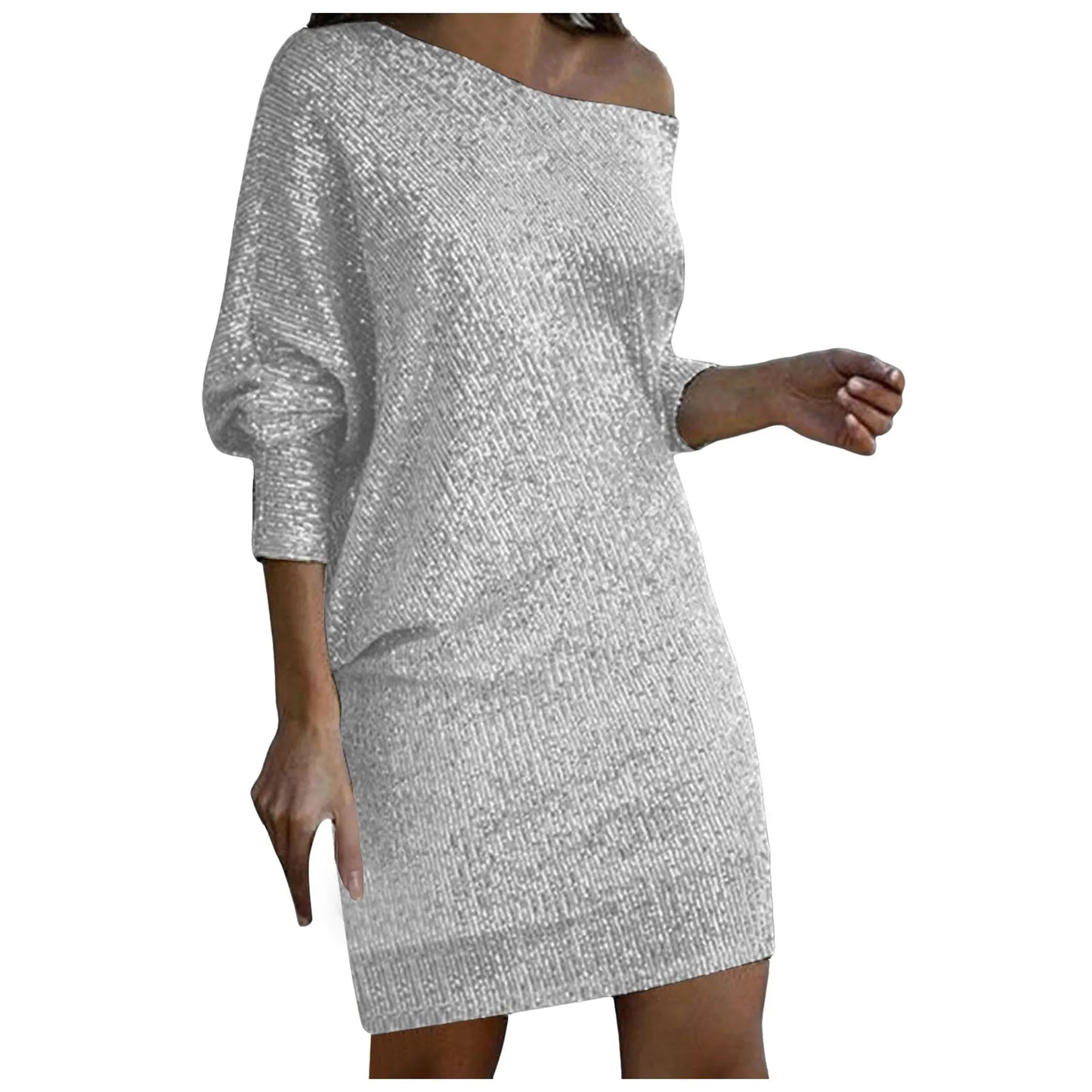 Sequined Party Dresses Women's Sexy One Shoulder Ankle Length Midi Dress Pullover Solid Color Evening Club Party Dress For Women