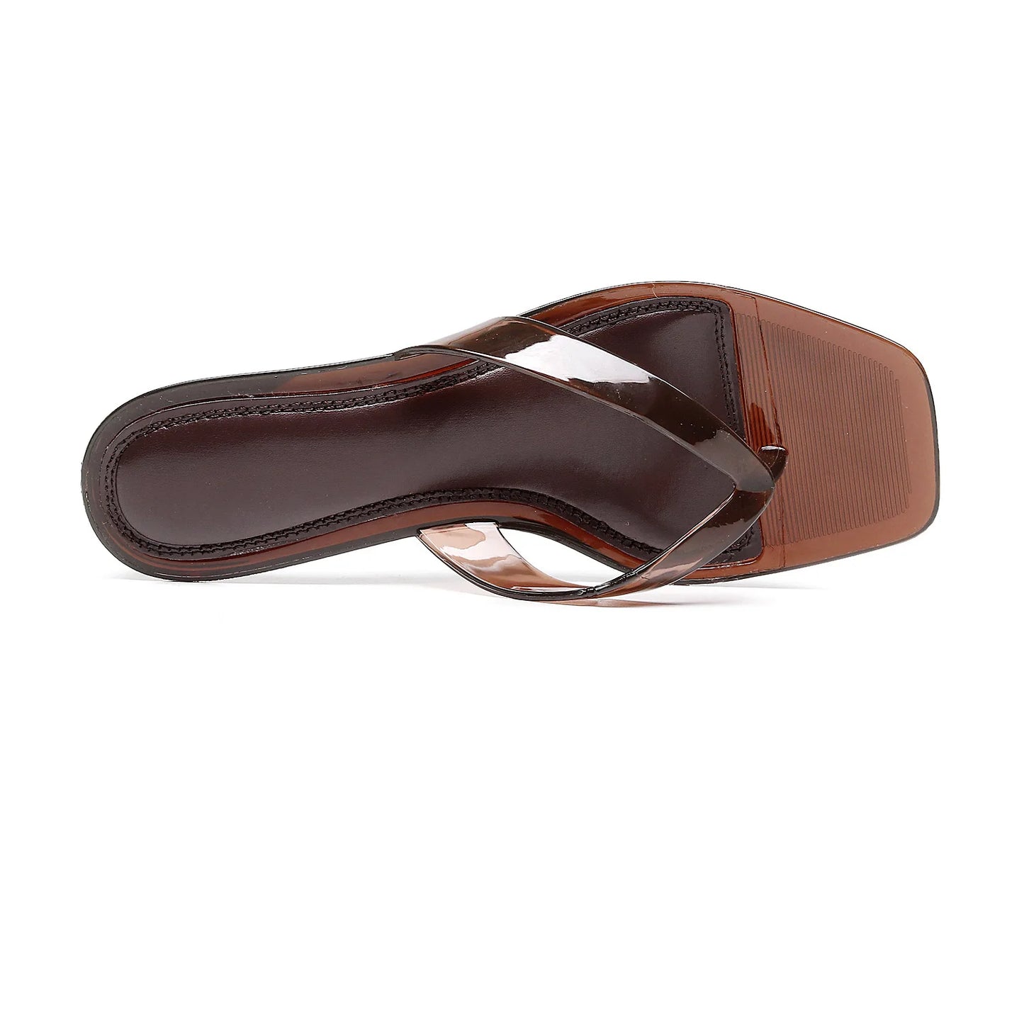 Vacation Elegant Kitten Heel Thong Sandals, Square Toe Clear Brown Jelly Flip Flops, Women Summer Comfortable Beach Party Shoes
