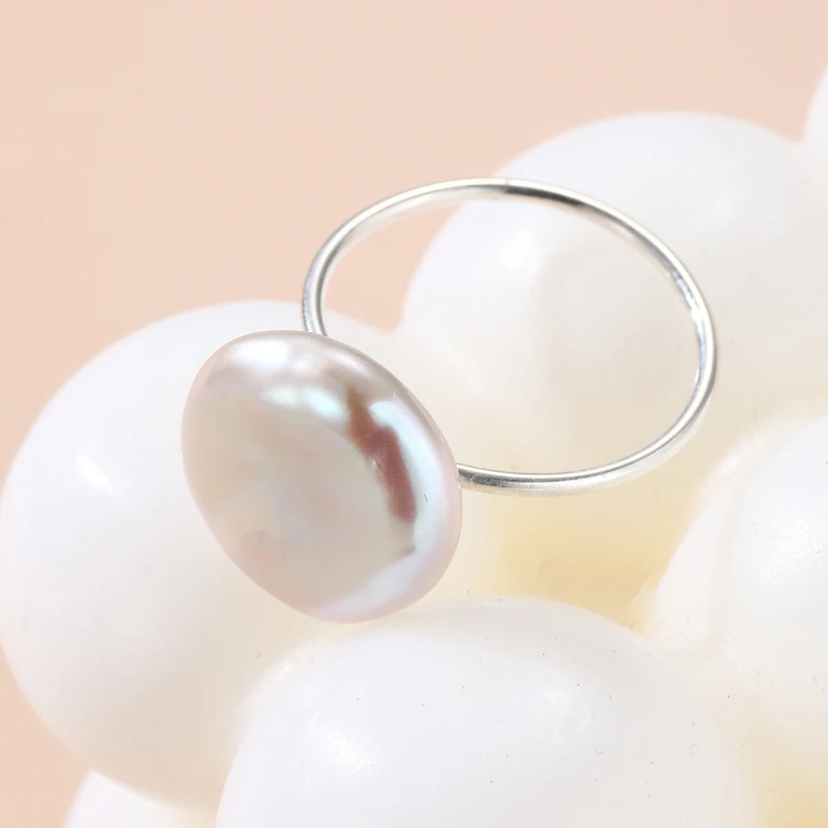 HENGSHENG Summer Fashion 12-13mm Large Button Shape Natural Freshwater White Pearl Ring Jewelry Gift for Women Girls  S925 Rings