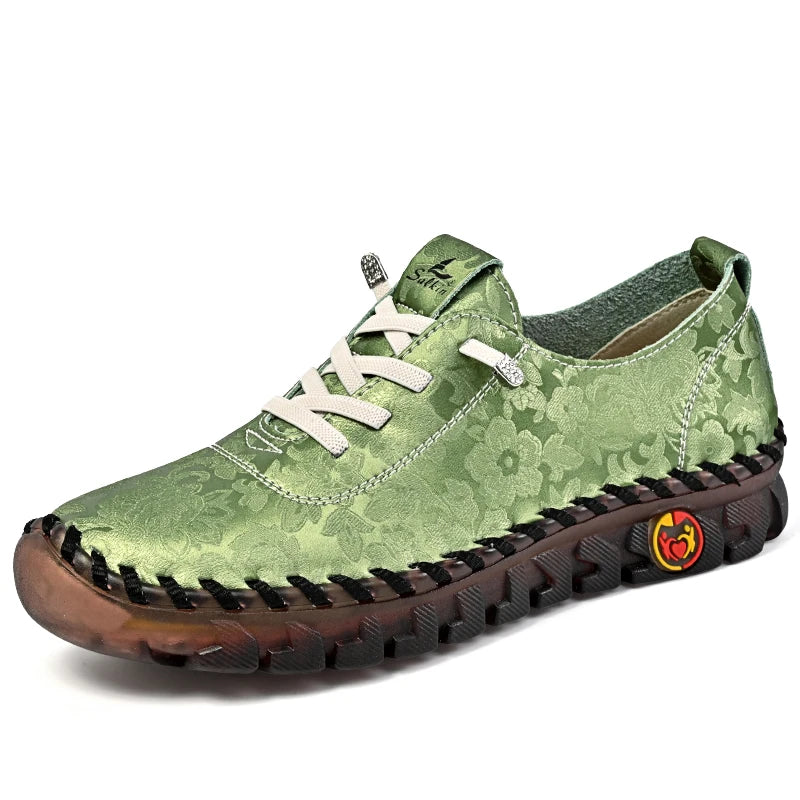 Print Fashion Sneakers Women Hand-stitching Leather Casual Shoes Design Platform Loafers Breathable Flats Shoe Driving Plus Size