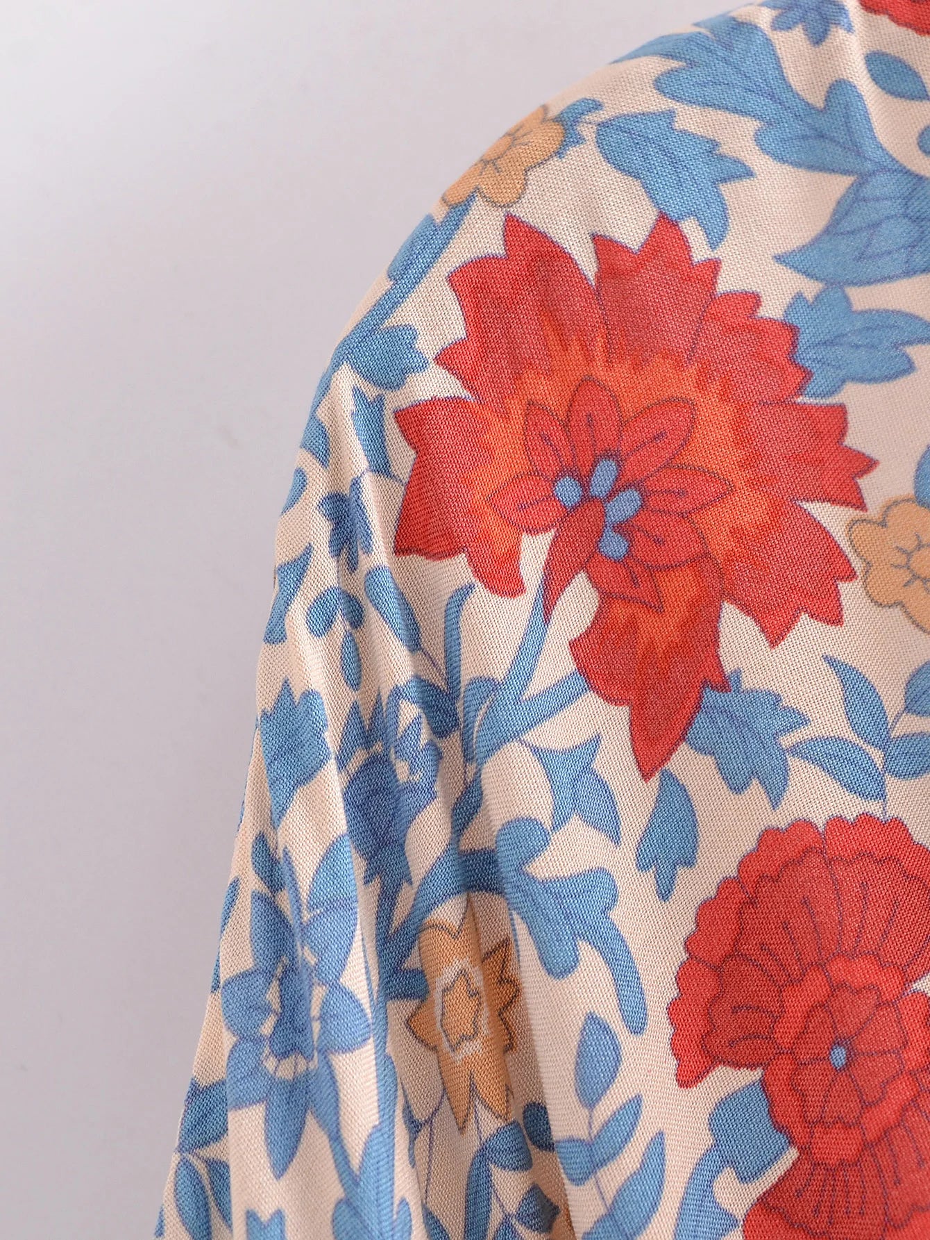 BOHO Women Blue With Pink Flower Print Kimono Shirt Holiday Tide Bow Sashes Mid Long Cardigan Summer Blouse Beach Cape