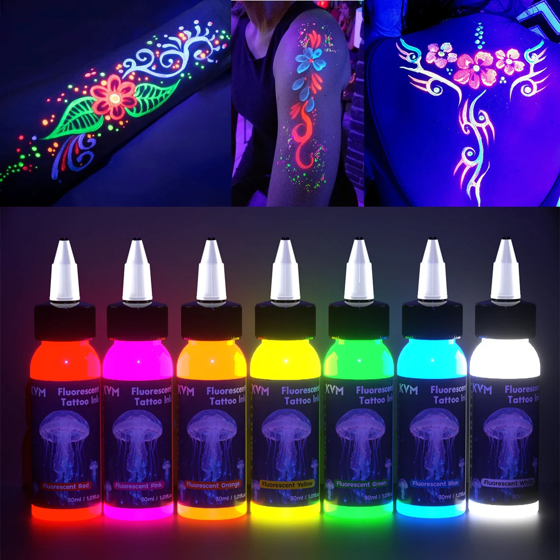 Fluorescent Tattoo Ink 30ml 7 Color Pigment Equipped with Ultraviolet Light Illumination Suitable for Body Art Tattoo Supplies